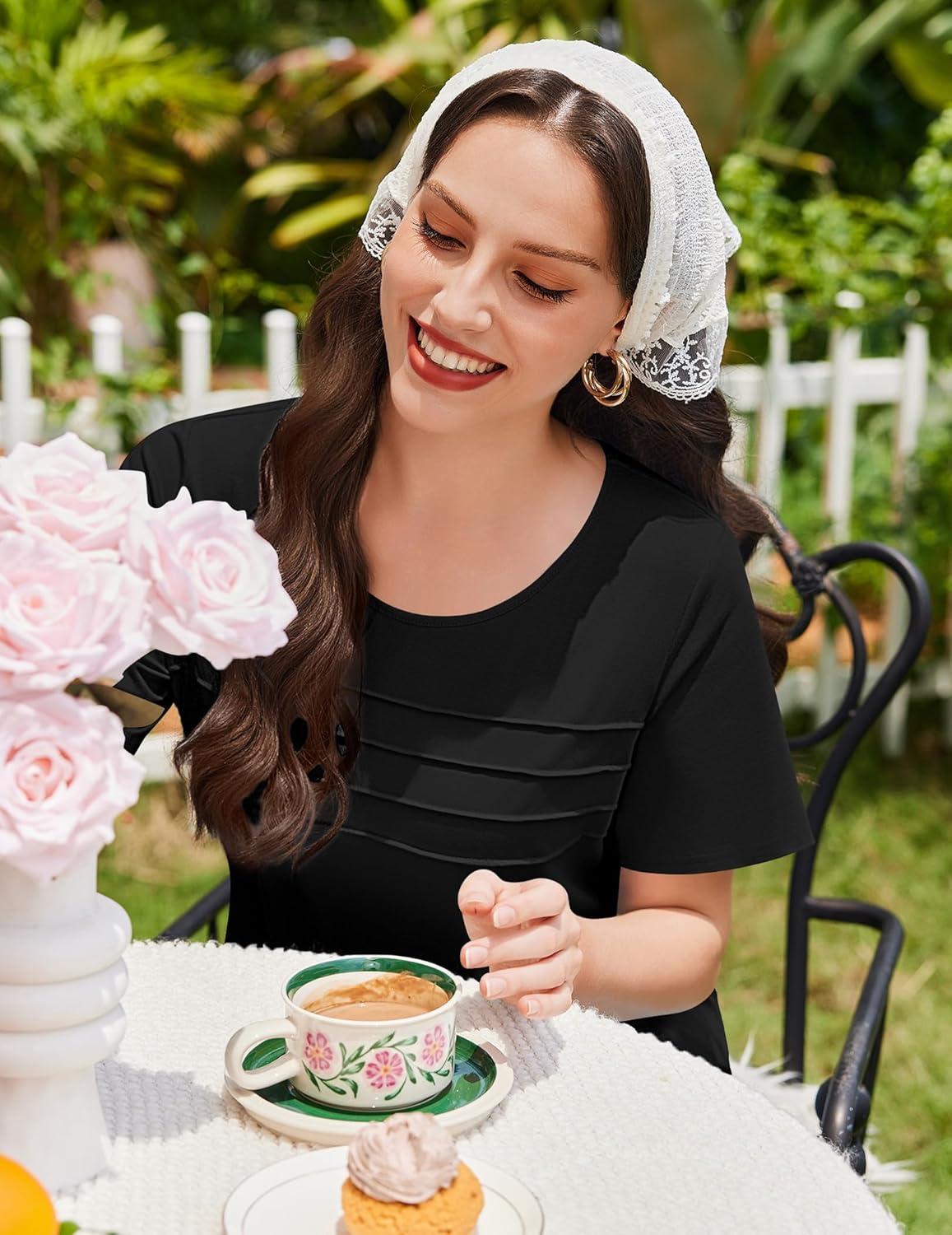 imageEkouaer Cotton Nightgowns for Women Short Sleeve Sleep Shirts Pleated Night Shirts Soft Crew Neck Night GownBlack