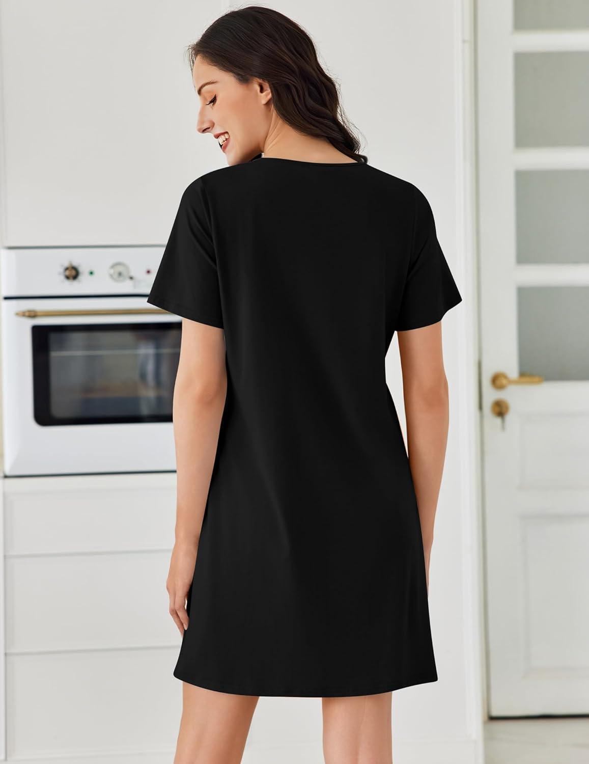 imageEkouaer Cotton Nightgowns for Women Short Sleeve Sleep Shirts Pleated Night Shirts Soft Crew Neck Night GownBlack