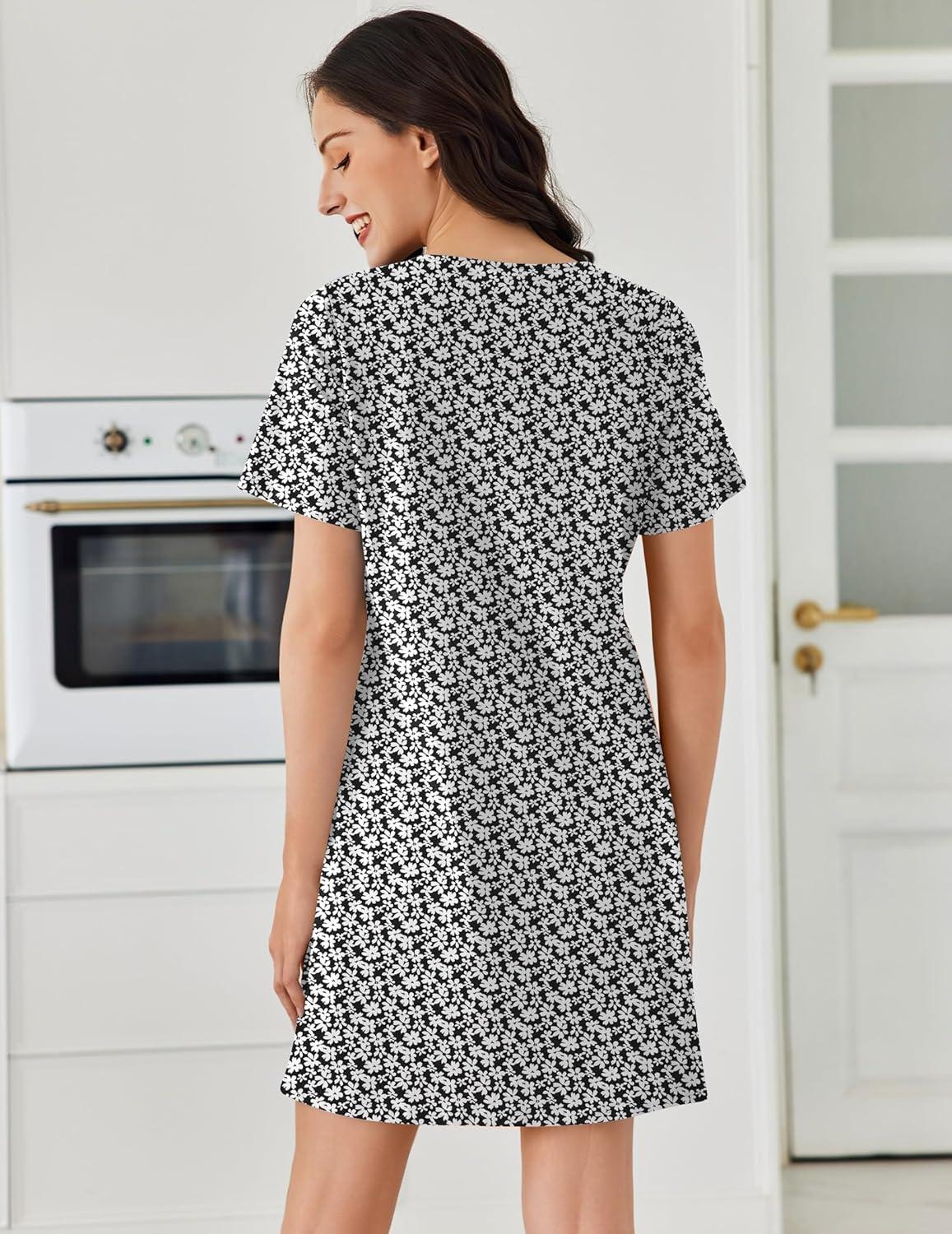 imageEkouaer Cotton Nightgowns for Women Short Sleeve Sleep Shirts Pleated Night Shirts Soft Crew Neck Night GownBlack Floral