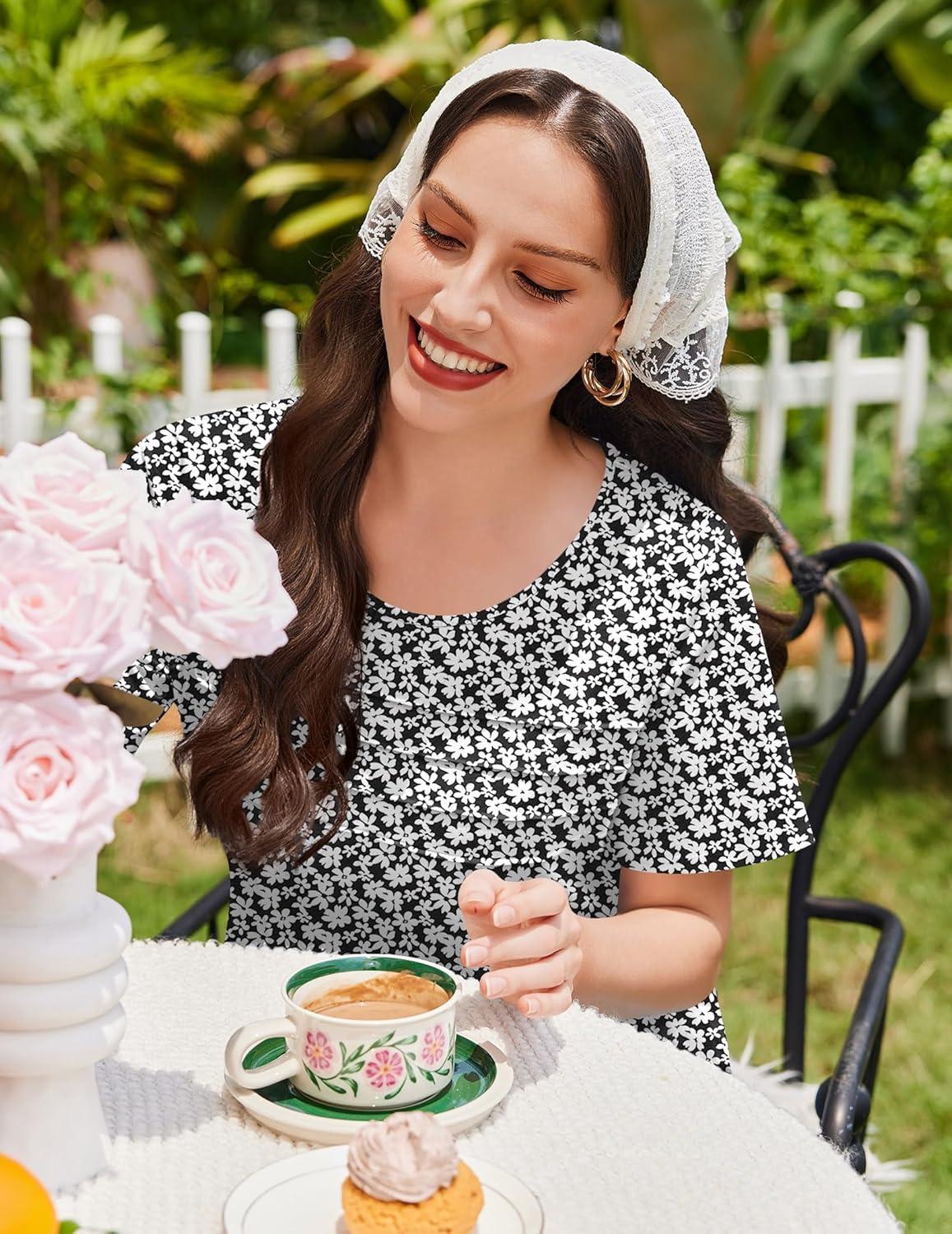 imageEkouaer Cotton Nightgowns for Women Short Sleeve Sleep Shirts Pleated Night Shirts Soft Crew Neck Night GownBlack Floral