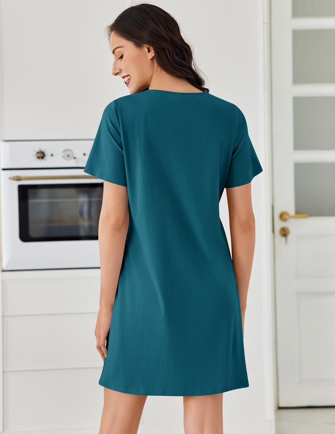 imageEkouaer Cotton Nightgowns for Women Short Sleeve Sleep Shirts Pleated Night Shirts Soft Crew Neck Night GownBlue Green