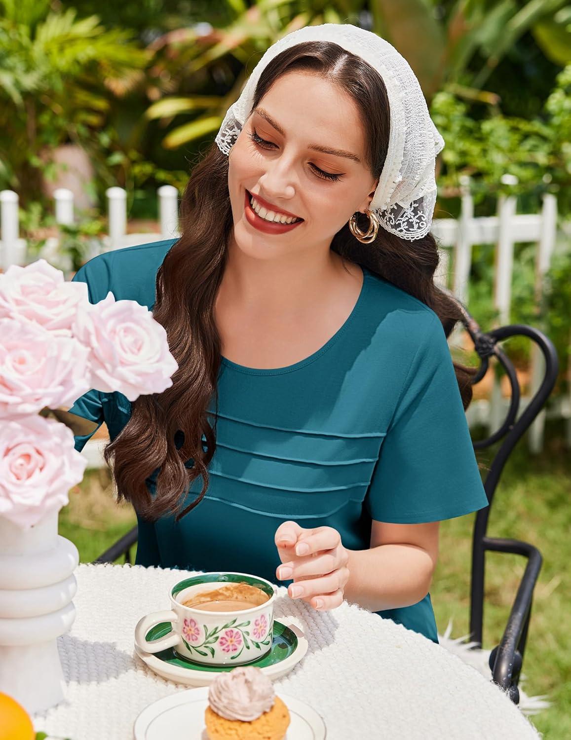 imageEkouaer Cotton Nightgowns for Women Short Sleeve Sleep Shirts Pleated Night Shirts Soft Crew Neck Night GownBlue Green