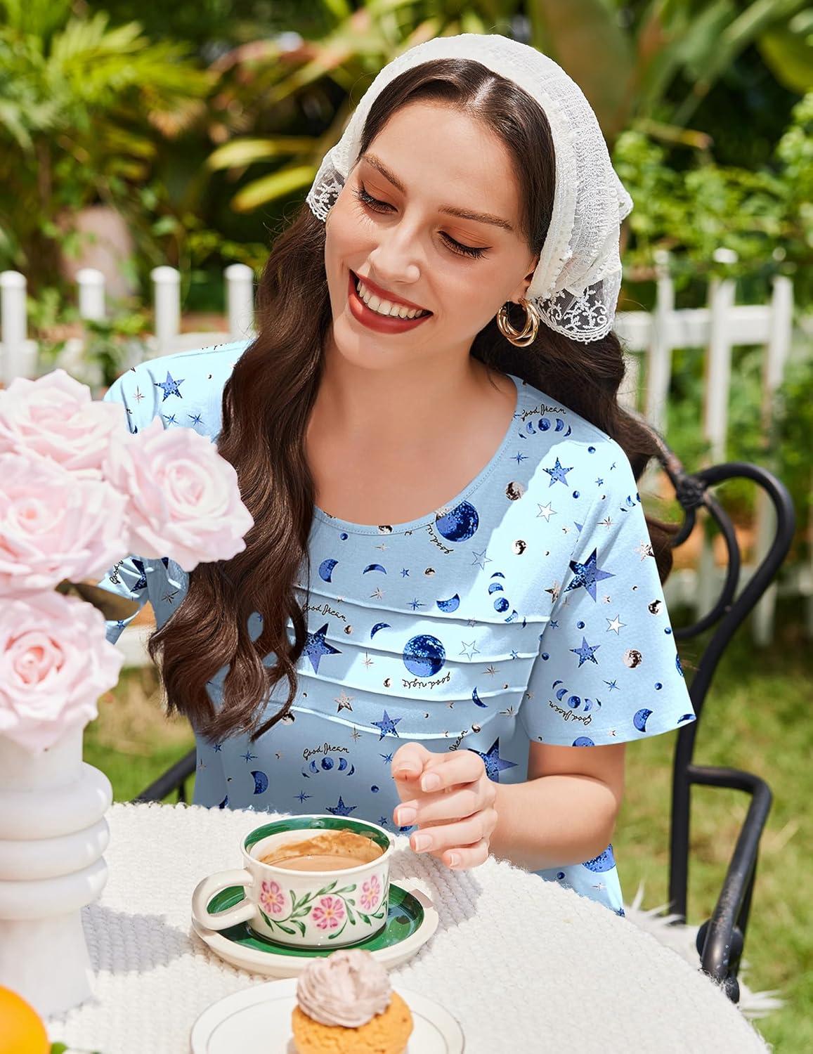 imageEkouaer Cotton Nightgowns for Women Short Sleeve Sleep Shirts Pleated Night Shirts Soft Crew Neck Night GownBlue Star Moon