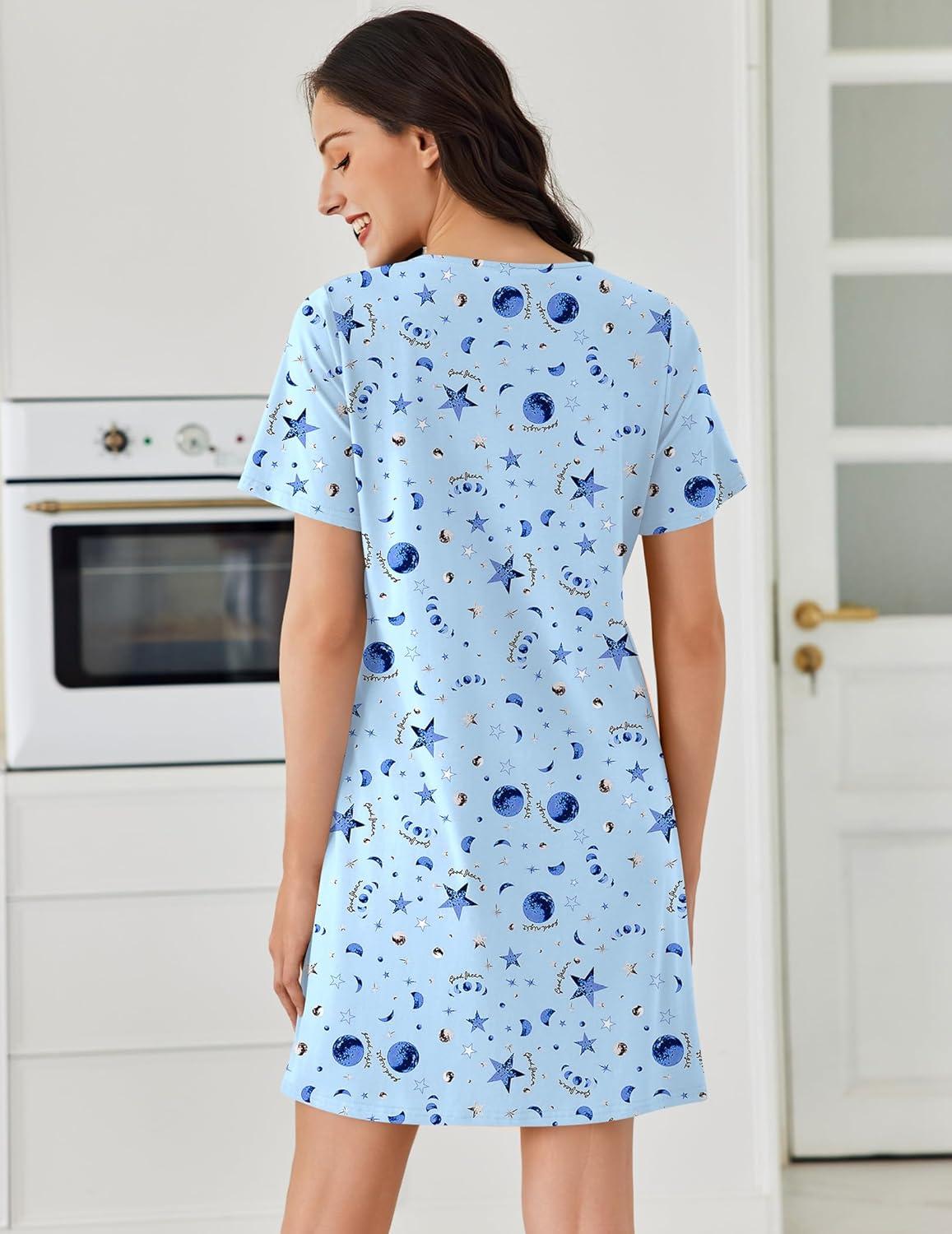 imageEkouaer Cotton Nightgowns for Women Short Sleeve Sleep Shirts Pleated Night Shirts Soft Crew Neck Night GownBlue Star Moon