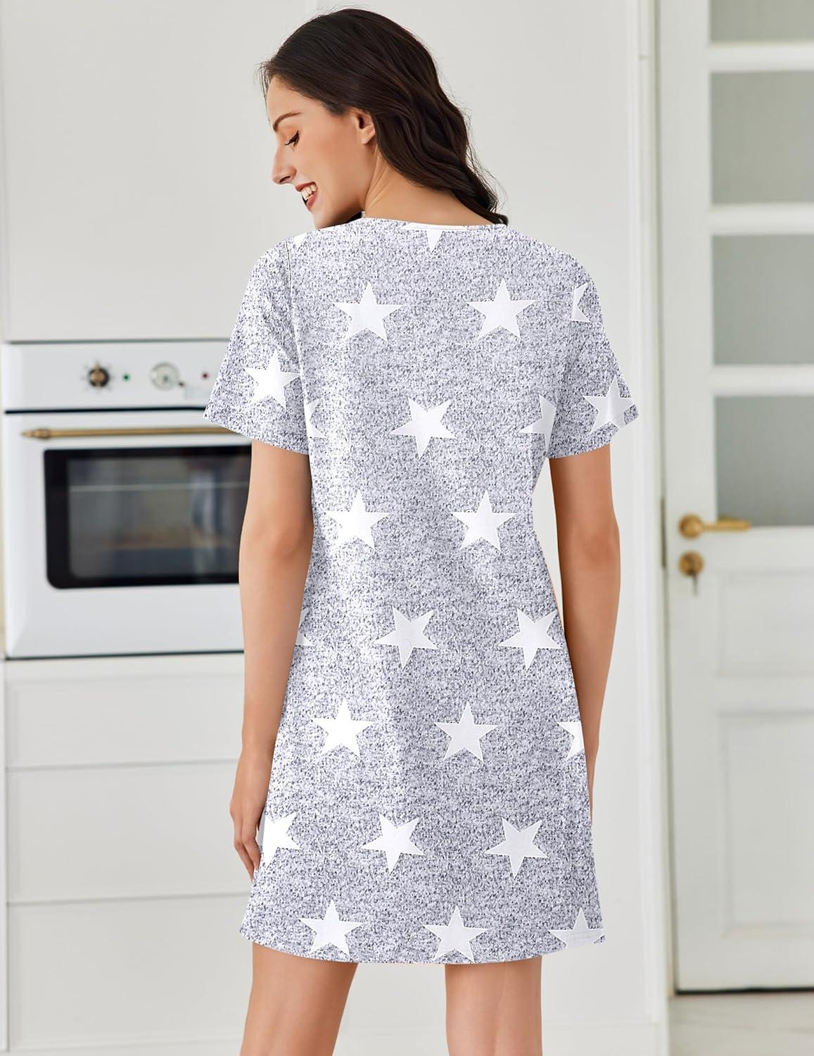 imageEkouaer Cotton Nightgowns for Women Short Sleeve Sleep Shirts Pleated Night Shirts Soft Crew Neck Night GownGrey Star