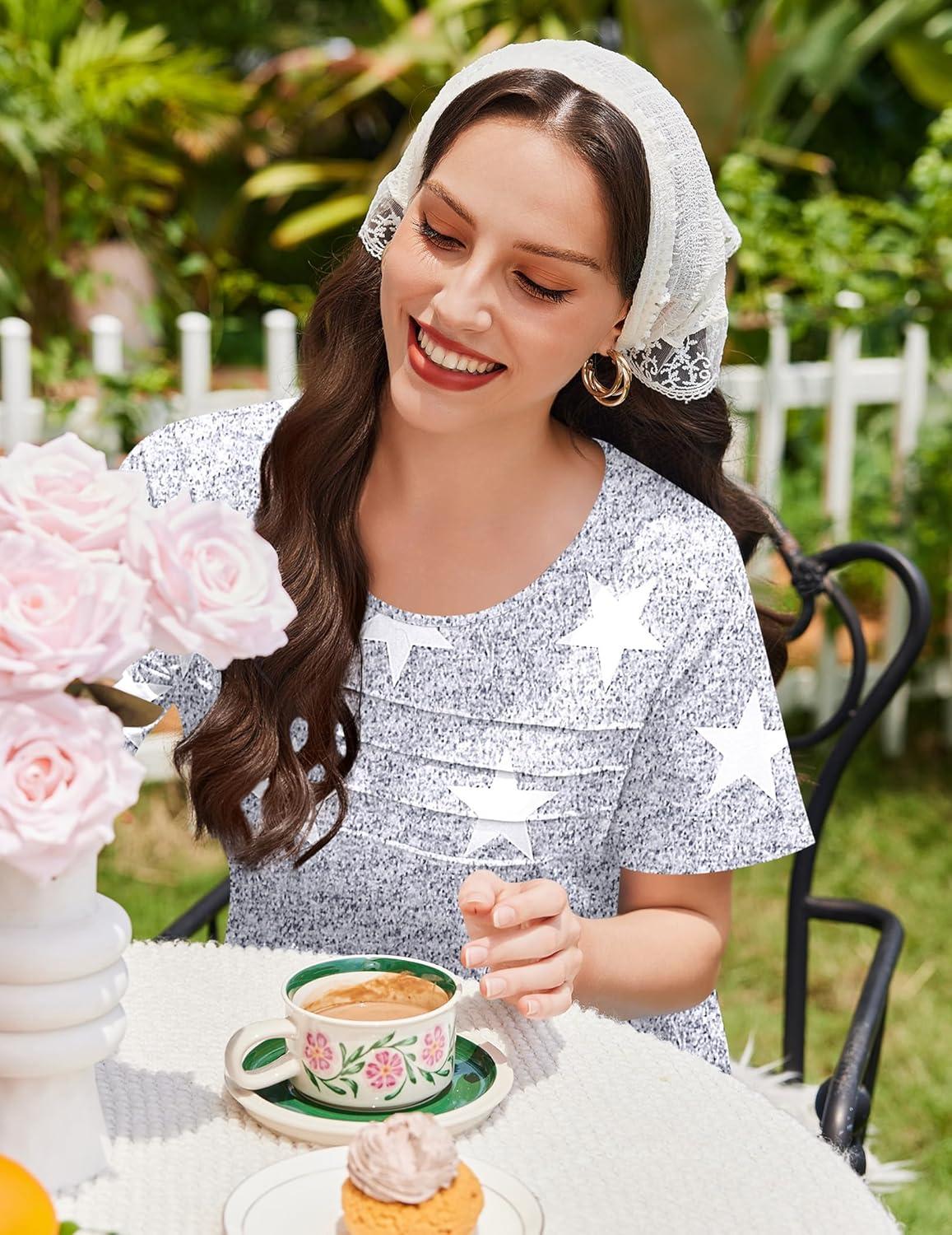 imageEkouaer Cotton Nightgowns for Women Short Sleeve Sleep Shirts Pleated Night Shirts Soft Crew Neck Night GownGrey Star