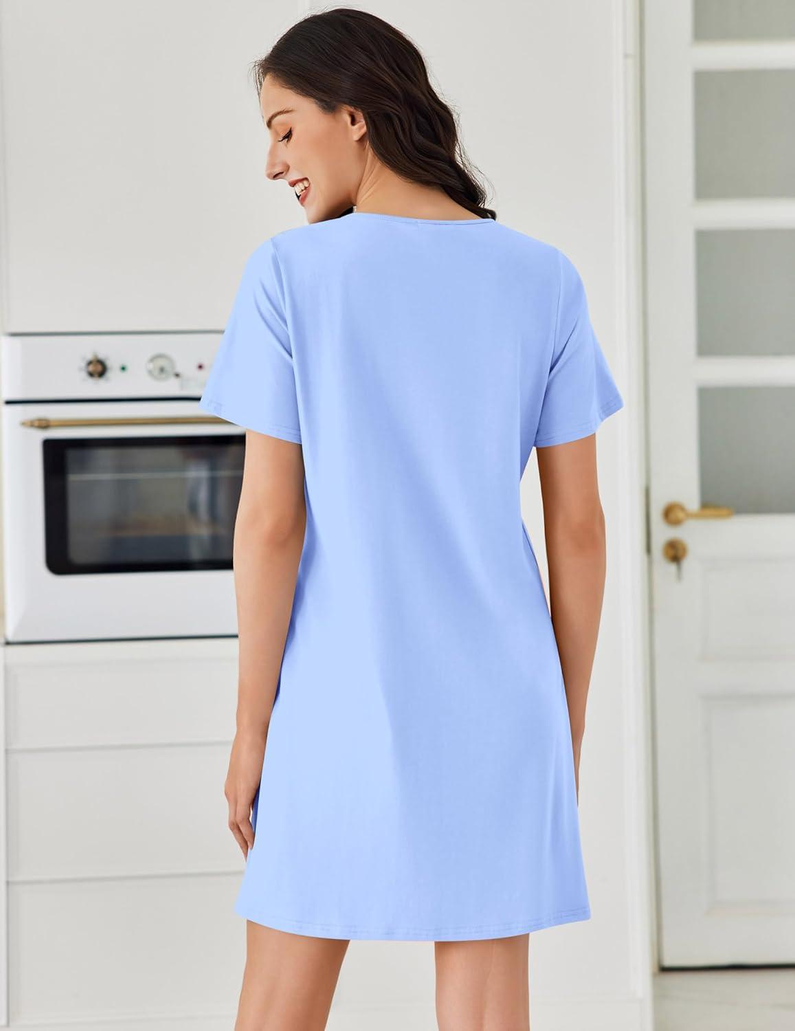imageEkouaer Cotton Nightgowns for Women Short Sleeve Sleep Shirts Pleated Night Shirts Soft Crew Neck Night GownLight Blue