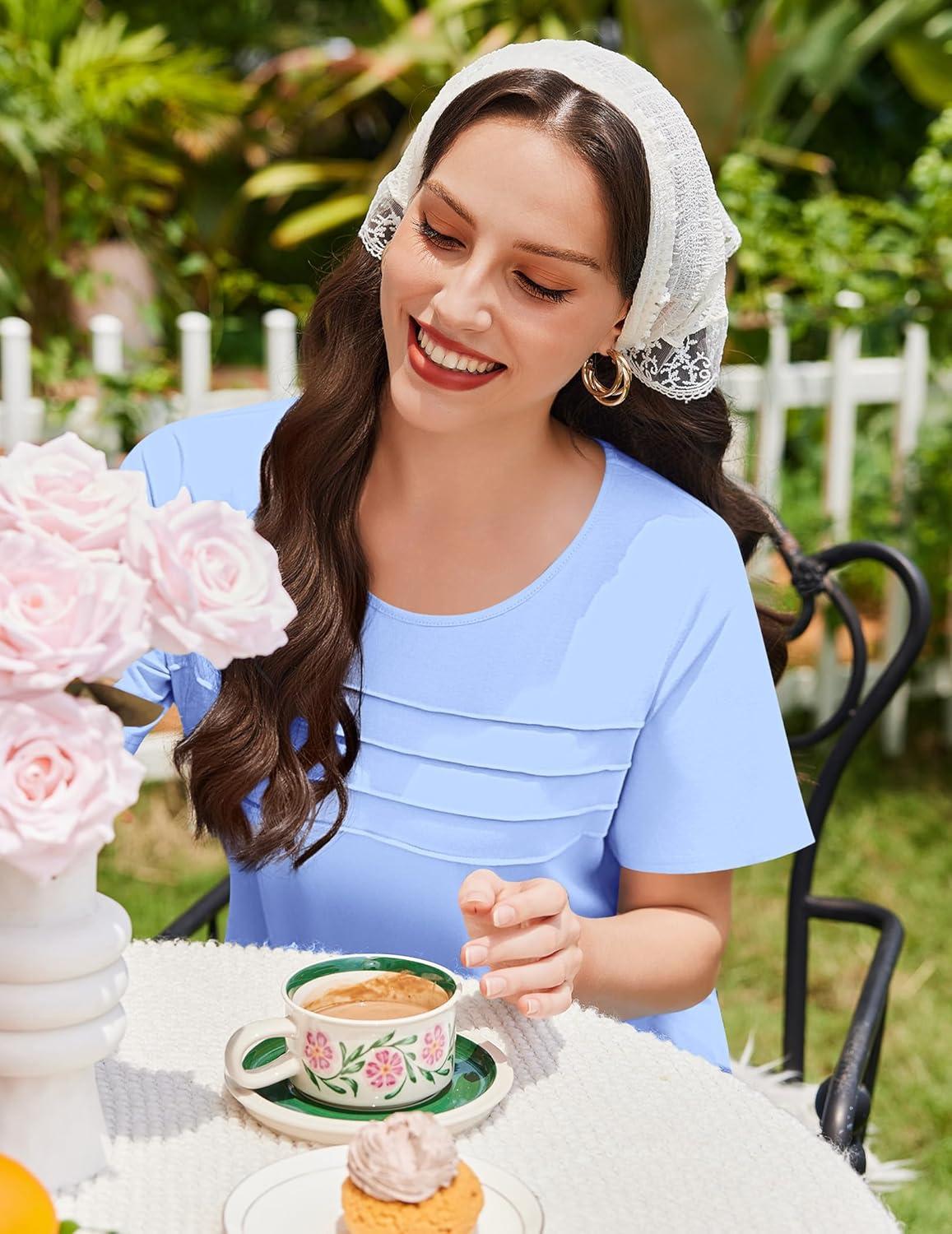 imageEkouaer Cotton Nightgowns for Women Short Sleeve Sleep Shirts Pleated Night Shirts Soft Crew Neck Night GownLight Blue