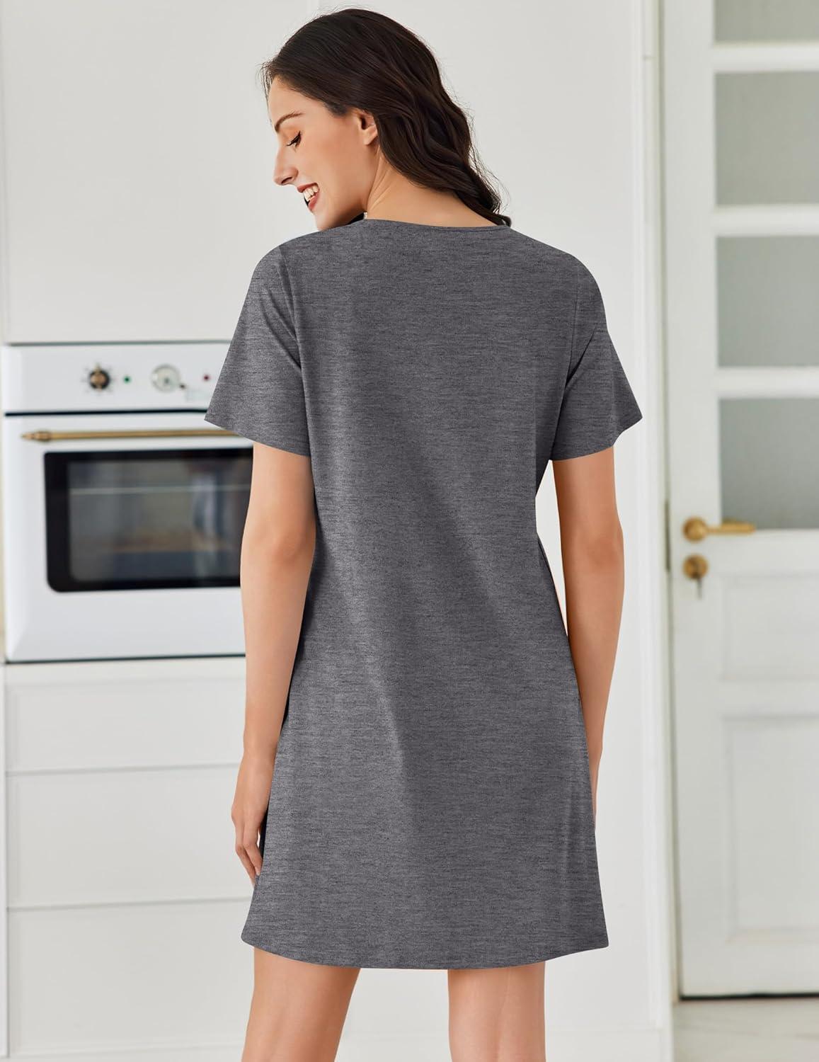imageEkouaer Cotton Nightgowns for Women Short Sleeve Sleep Shirts Pleated Night Shirts Soft Crew Neck Night GownMedium Grey