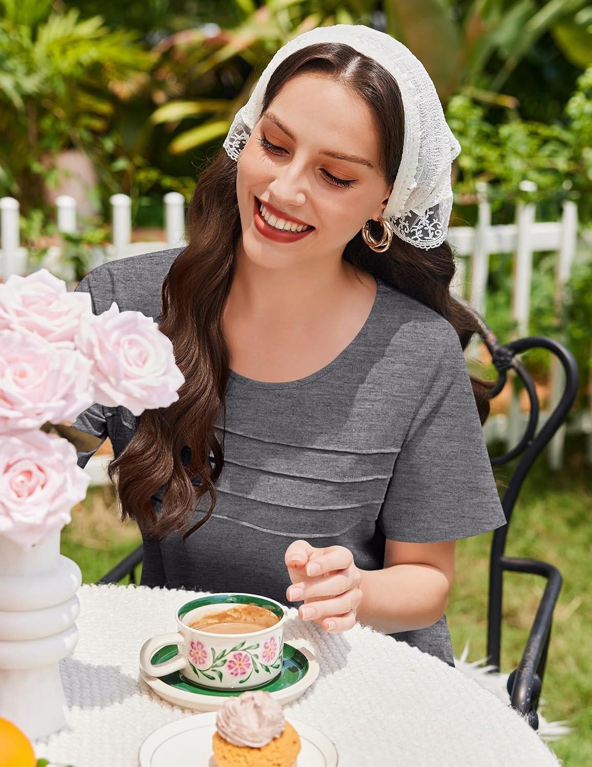 imageEkouaer Cotton Nightgowns for Women Short Sleeve Sleep Shirts Pleated Night Shirts Soft Crew Neck Night GownMedium Grey