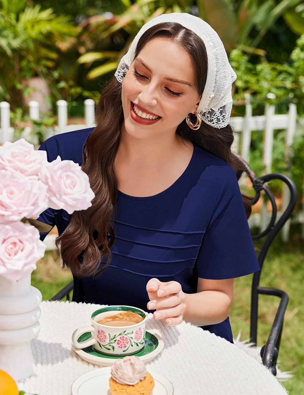 imageEkouaer Cotton Nightgowns for Women Short Sleeve Sleep Shirts Pleated Night Shirts Soft Crew Neck Night GownNavy Blue