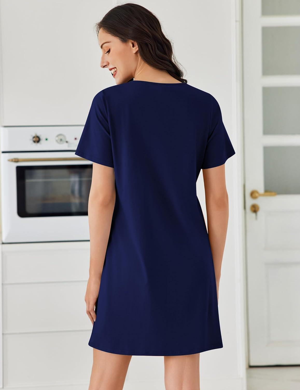 imageEkouaer Cotton Nightgowns for Women Short Sleeve Sleep Shirts Pleated Night Shirts Soft Crew Neck Night GownNavy Blue