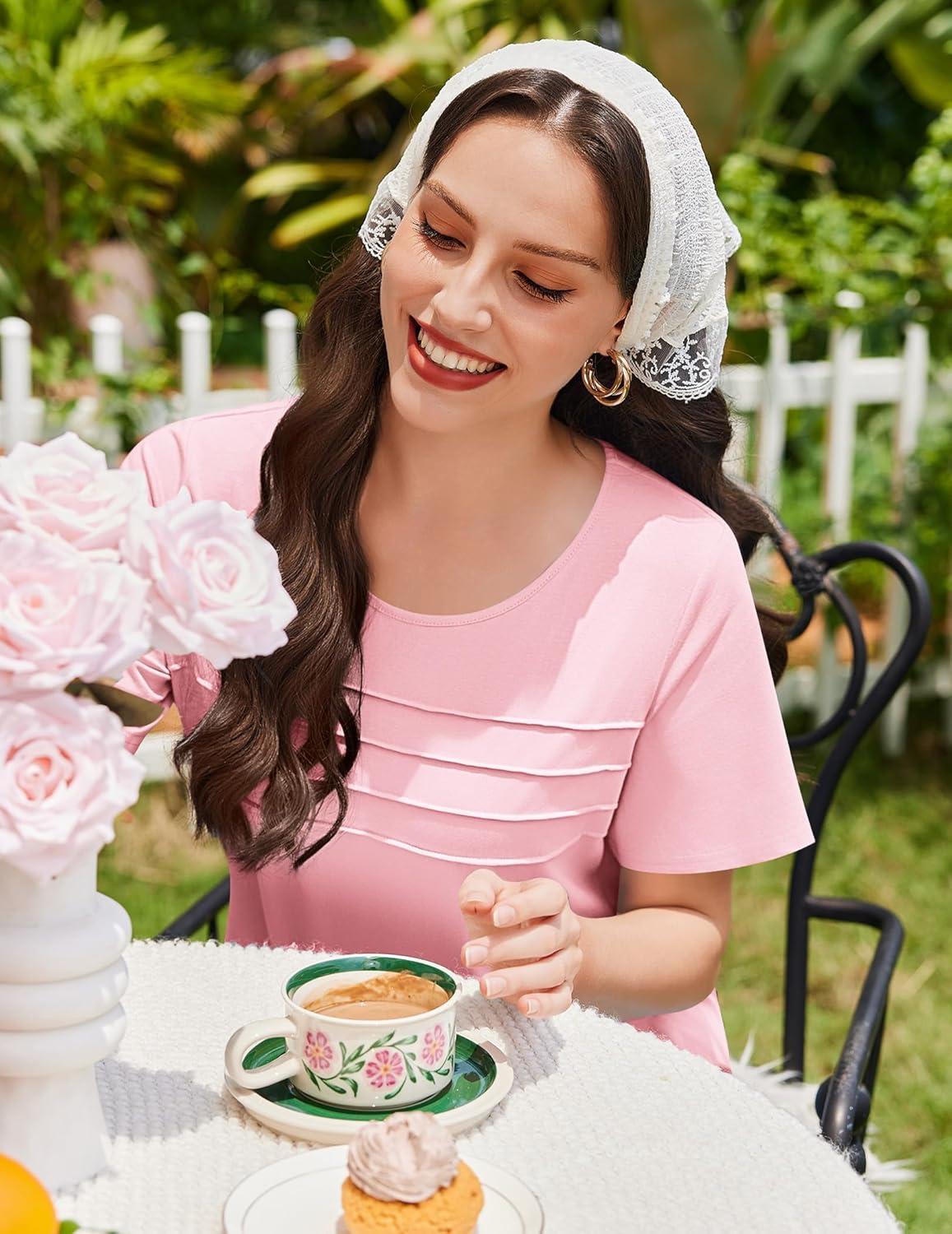 imageEkouaer Cotton Nightgowns for Women Short Sleeve Sleep Shirts Pleated Night Shirts Soft Crew Neck Night GownPink