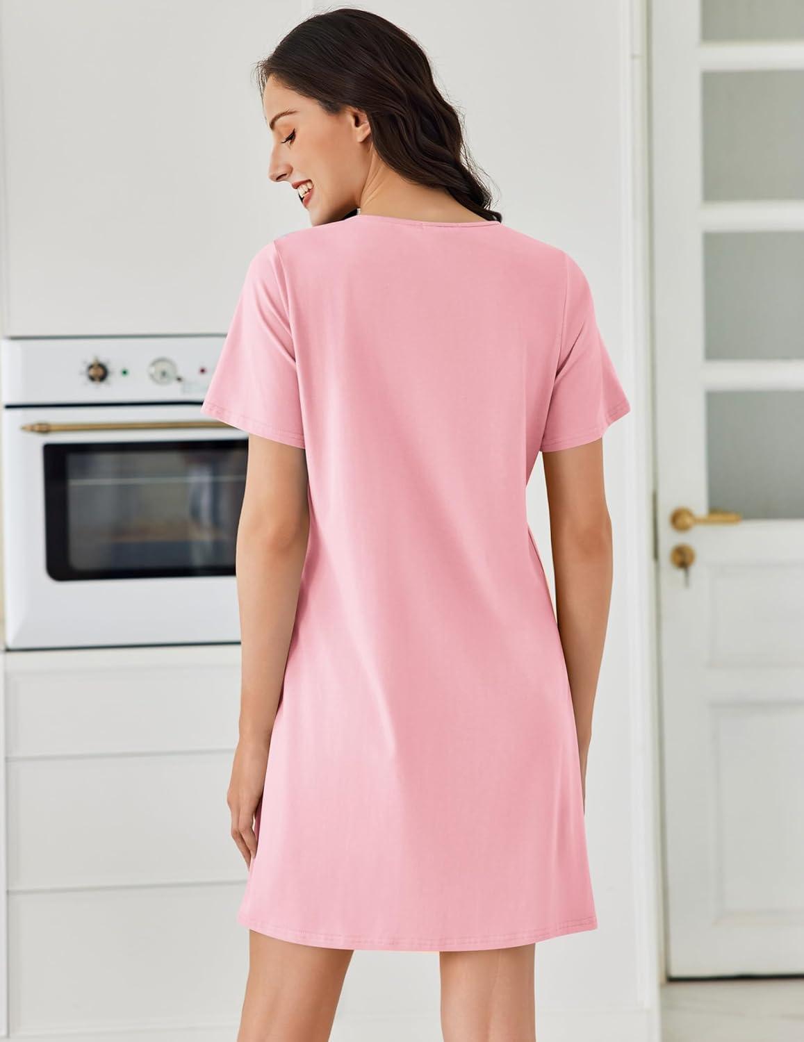 imageEkouaer Cotton Nightgowns for Women Short Sleeve Sleep Shirts Pleated Night Shirts Soft Crew Neck Night GownPink