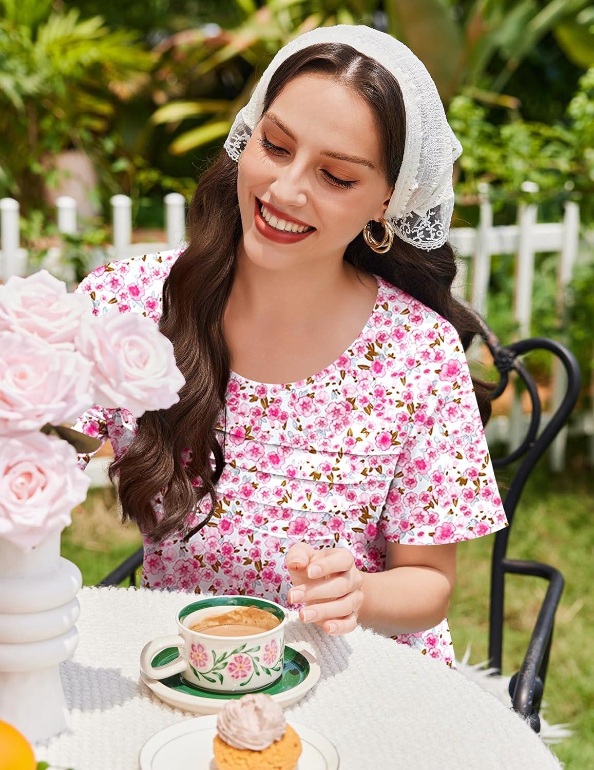 imageEkouaer Cotton Nightgowns for Women Short Sleeve Sleep Shirts Pleated Night Shirts Soft Crew Neck Night GownPink Floral