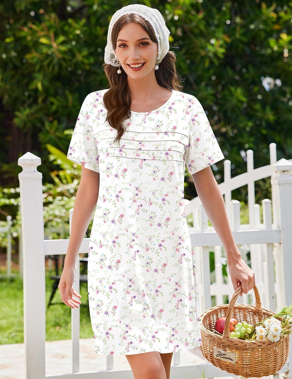 imageEkouaer Cotton Nightgowns for Women Short Sleeve Sleep Shirts Pleated Night Shirts Soft Crew Neck Night GownWhite Floral