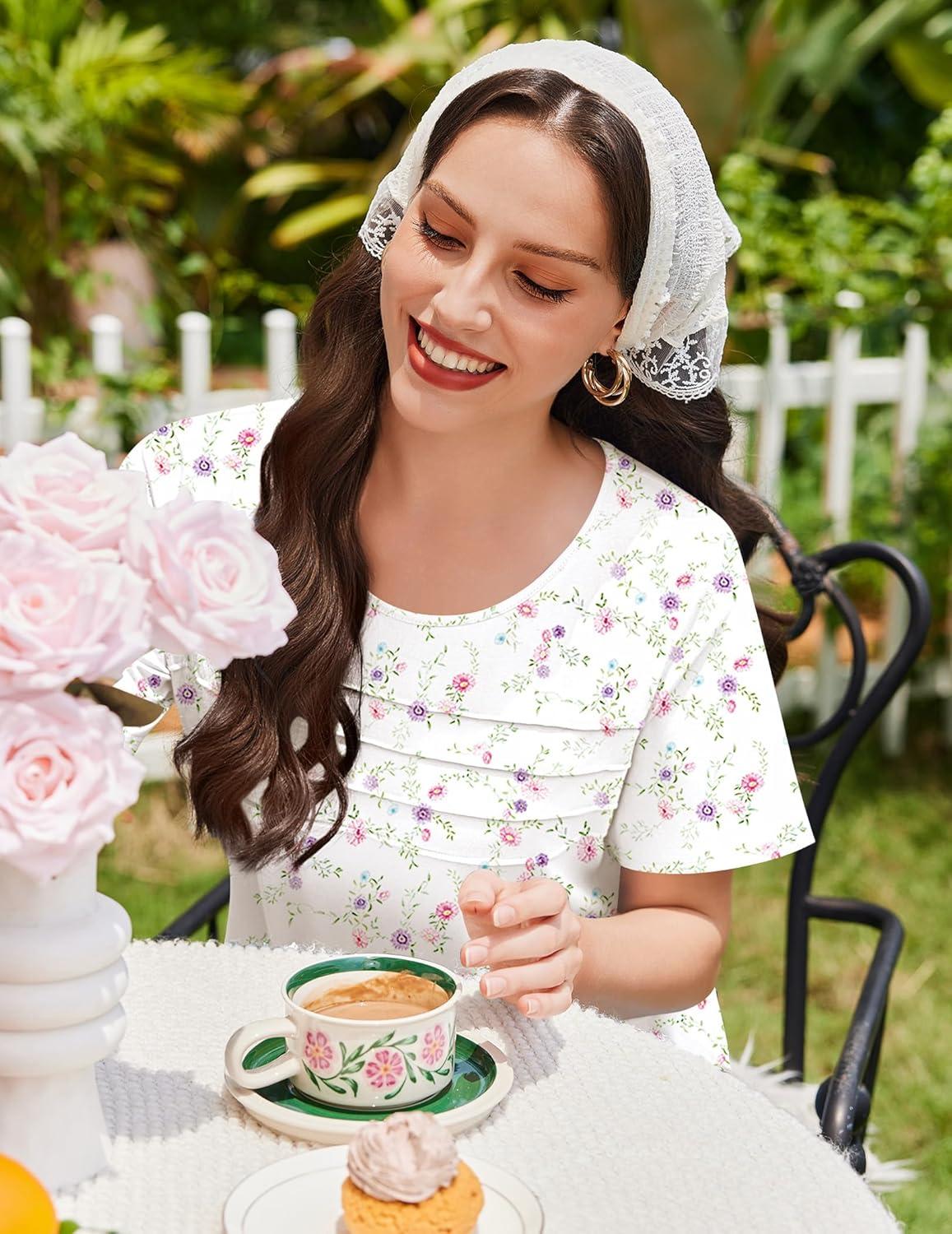 imageEkouaer Cotton Nightgowns for Women Short Sleeve Sleep Shirts Pleated Night Shirts Soft Crew Neck Night GownWhite Floral