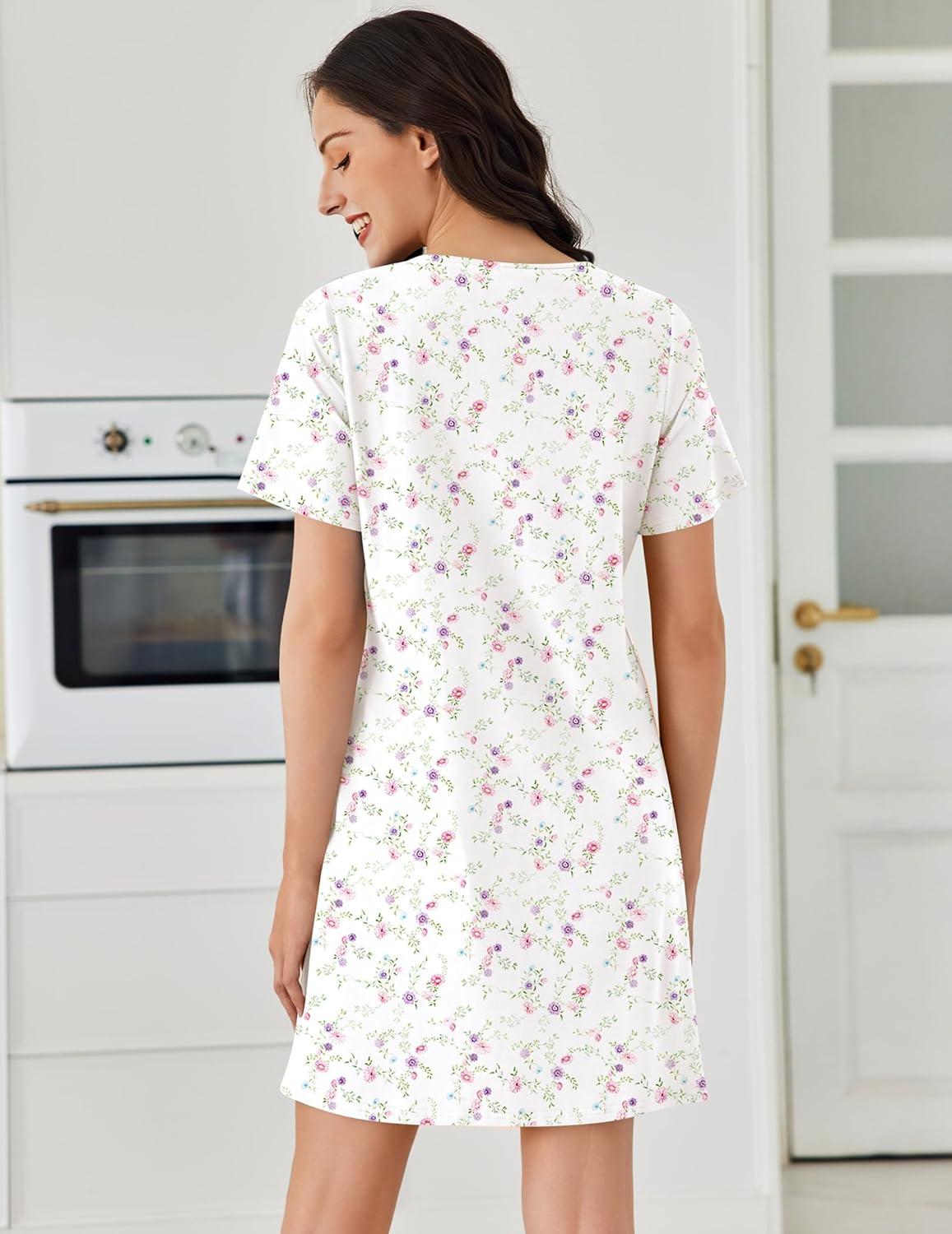 imageEkouaer Cotton Nightgowns for Women Short Sleeve Sleep Shirts Pleated Night Shirts Soft Crew Neck Night GownWhite Floral