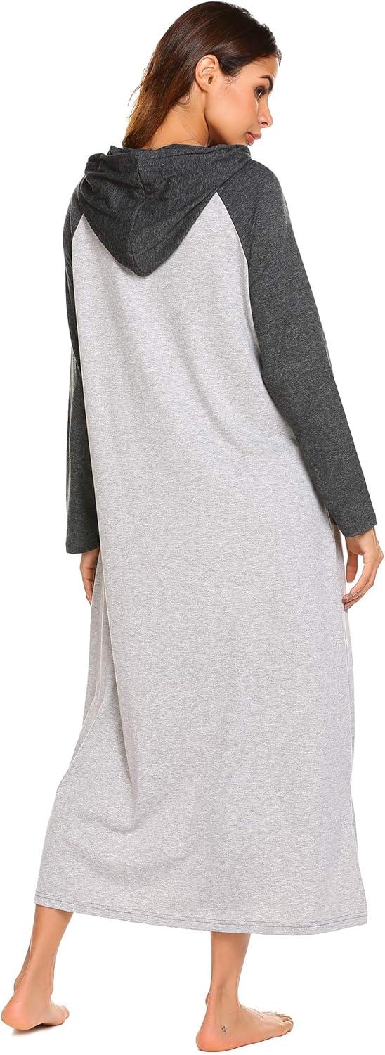 imageEkouaer Nightgowns for Women Cotton Nightgown Long Sleeve Hooded Night Gown Contrast Color Full Length Loungewear with PocketAgrey