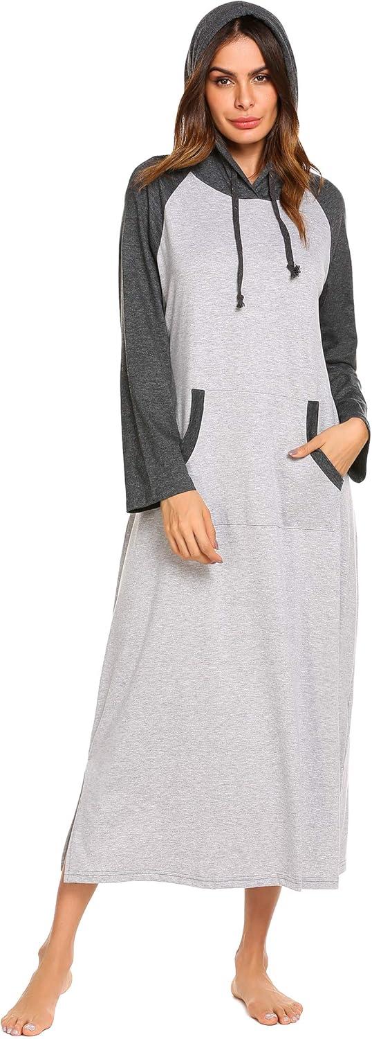 imageEkouaer Nightgowns for Women Cotton Nightgown Long Sleeve Hooded Night Gown Contrast Color Full Length Loungewear with PocketAgrey