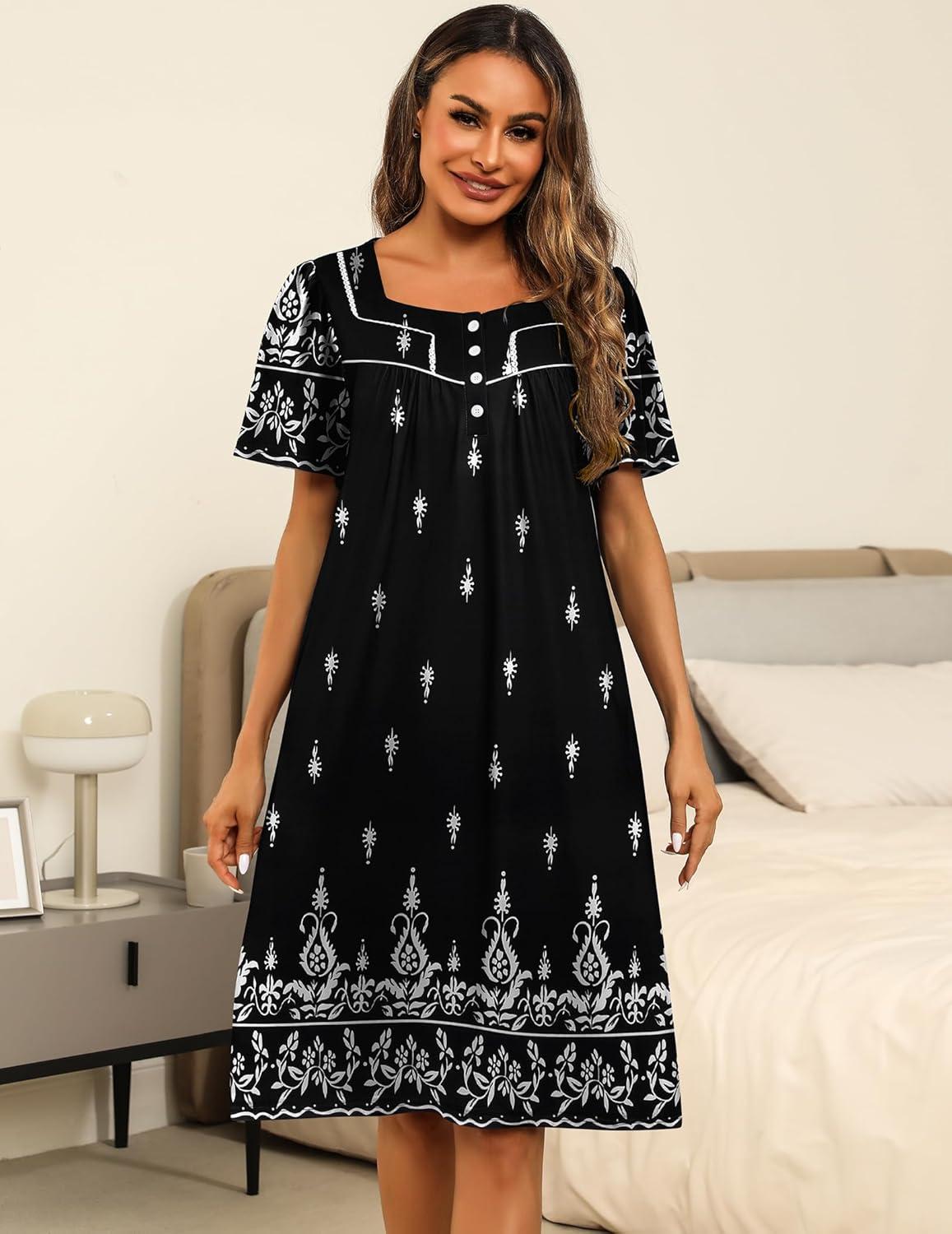 imageEkouaer Womens House Dress with Pockets Moomoo Dresses Short Sleeve Mumu Nightgown Lounge Dress Button Down SleepwearBlack Boho