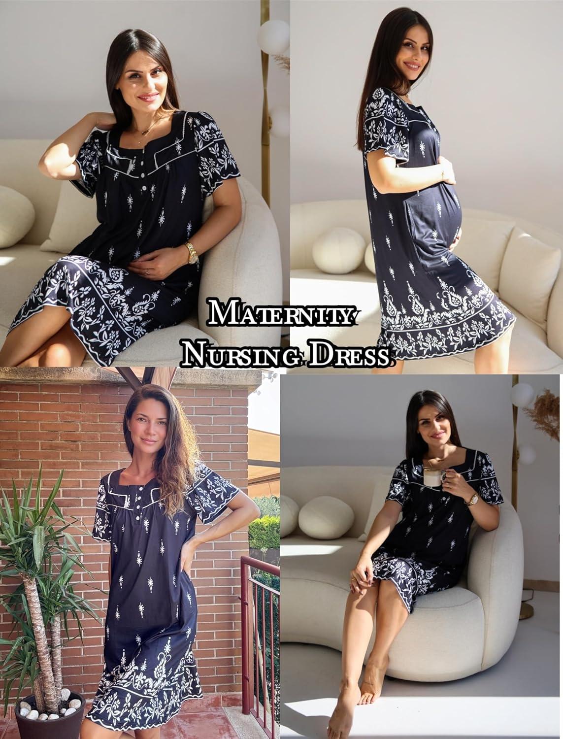 imageEkouaer Womens House Dress with Pockets Moomoo Dresses Short Sleeve Mumu Nightgown Lounge Dress Button Down SleepwearBlack Boho