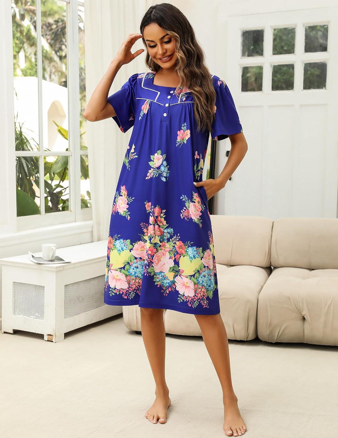 imageEkouaer Womens House Dress with Pockets Moomoo Dresses Short Sleeve Mumu Nightgown Lounge Dress Button Down SleepwearBloom