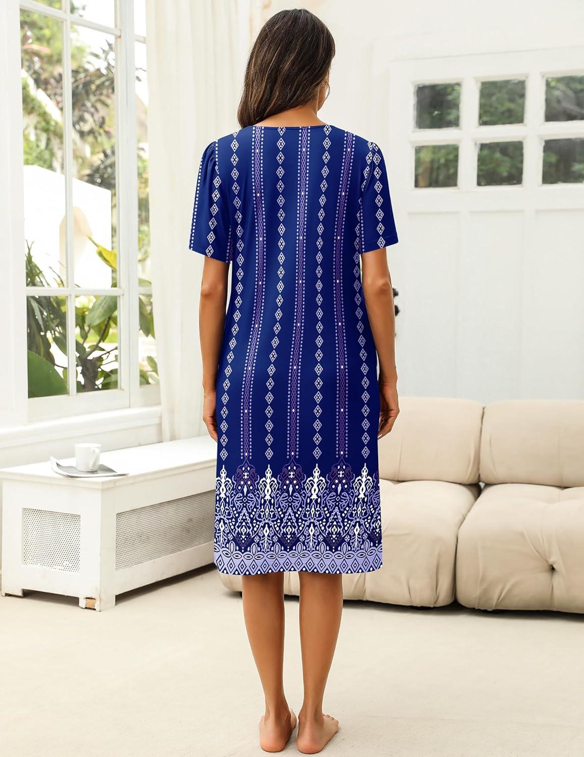 imageEkouaer Womens House Dress with Pockets Moomoo Dresses Short Sleeve Mumu Nightgown Lounge Dress Button Down SleepwearBlue Boho