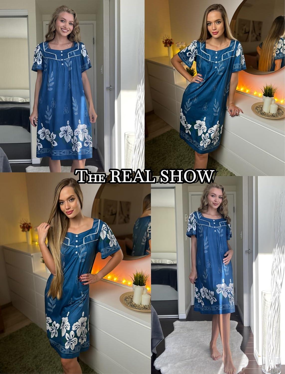 imageEkouaer Womens House Dress with Pockets Moomoo Dresses Short Sleeve Mumu Nightgown Lounge Dress Button Down SleepwearBlue With Flower