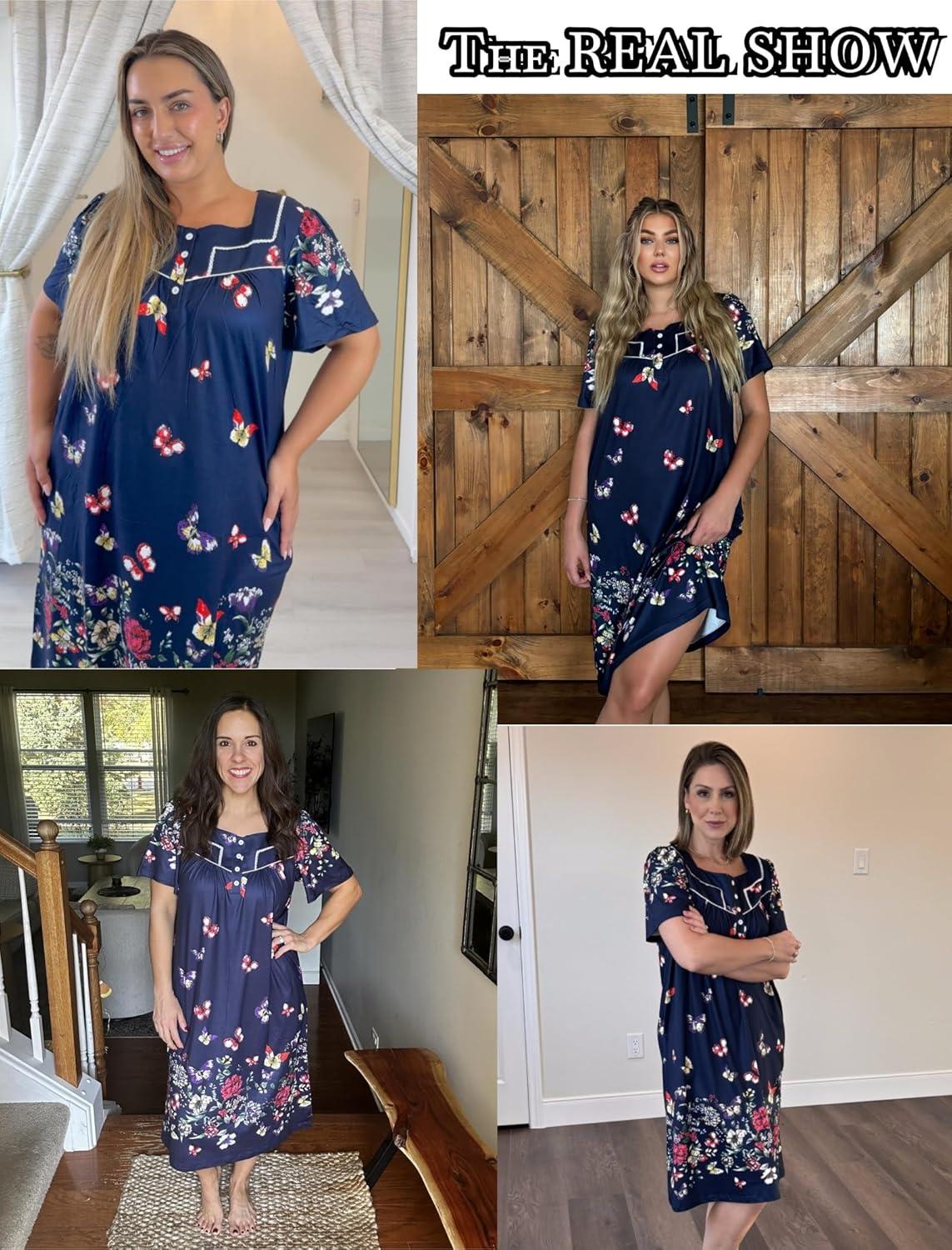 imageEkouaer Womens House Dress with Pockets Moomoo Dresses Short Sleeve Mumu Nightgown Lounge Dress Button Down SleepwearColorful Butterfly