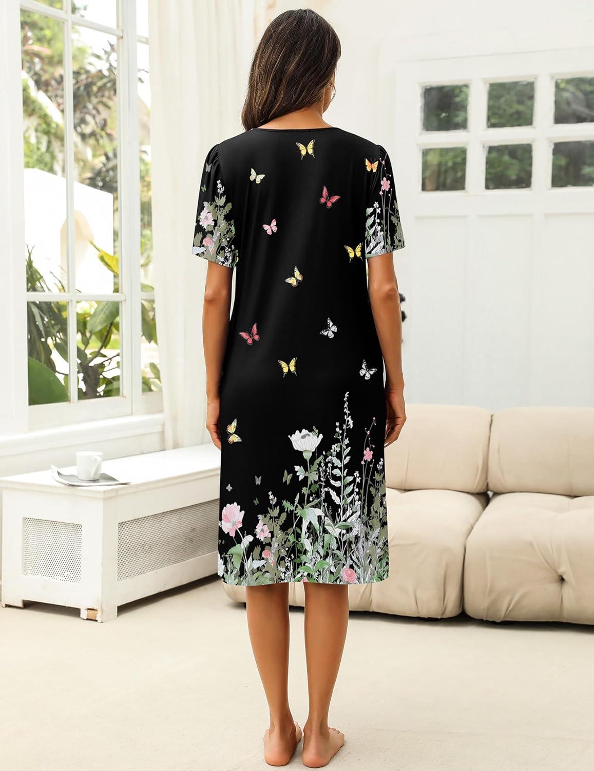 imageEkouaer Womens House Dress with Pockets Moomoo Dresses Short Sleeve Mumu Nightgown Lounge Dress Button Down SleepwearFloral Butterfly