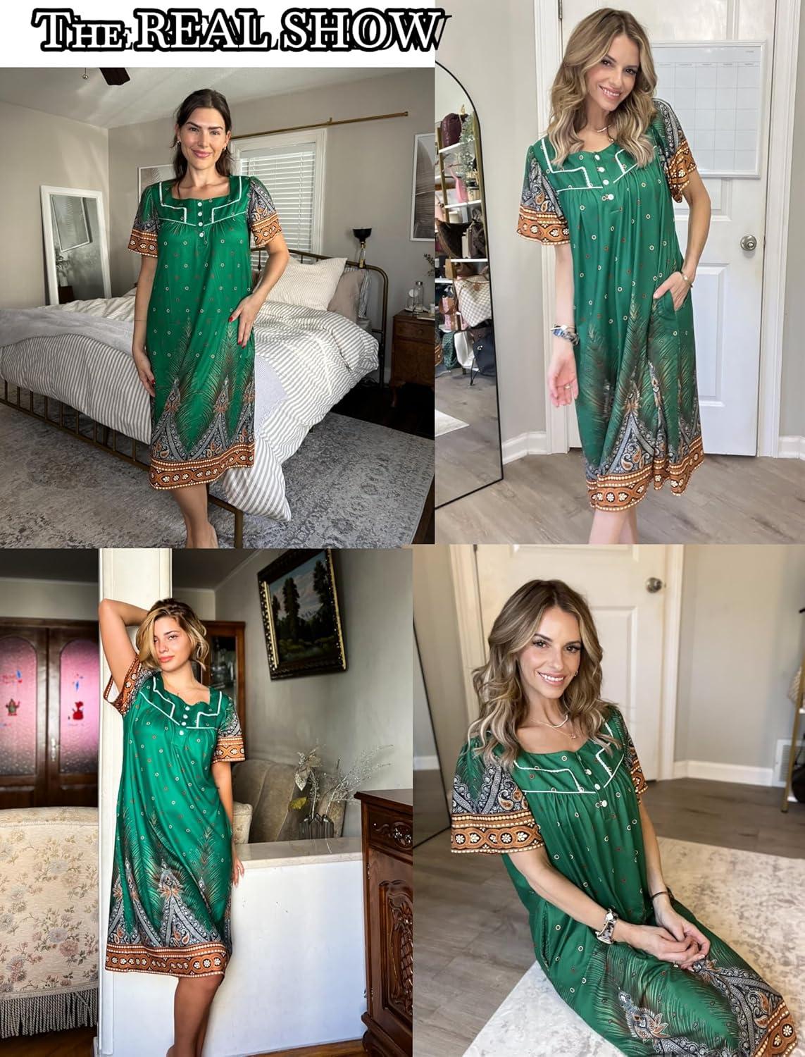 imageEkouaer Womens House Dress with Pockets Moomoo Dresses Short Sleeve Mumu Nightgown Lounge Dress Button Down SleepwearGreen Feather