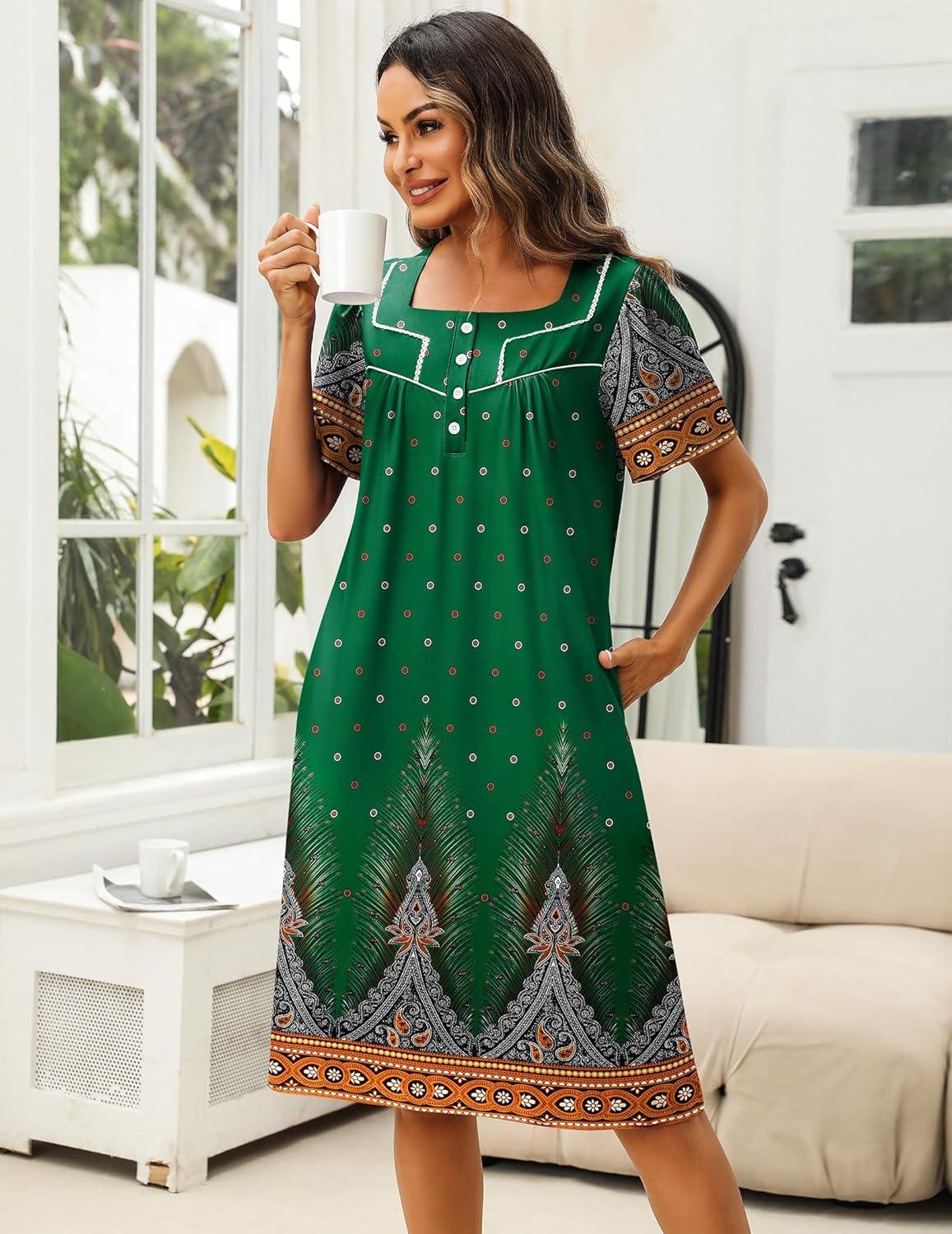 imageEkouaer Womens House Dress with Pockets Moomoo Dresses Short Sleeve Mumu Nightgown Lounge Dress Button Down SleepwearGreen Feather