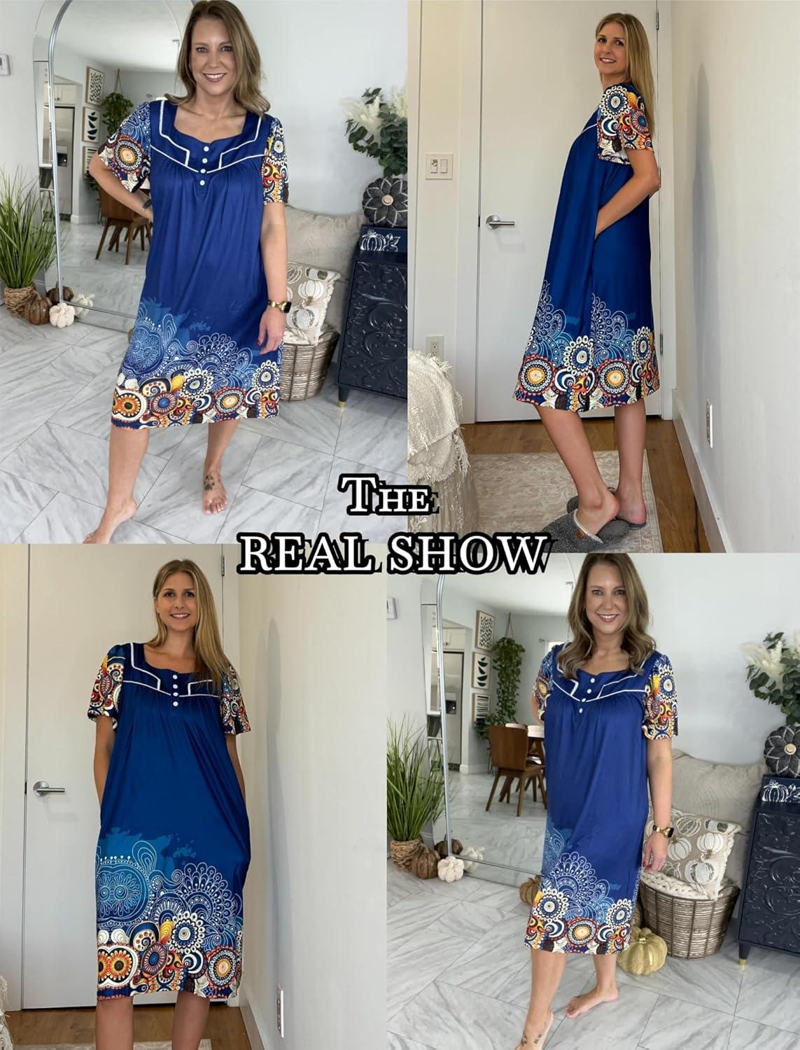 imageEkouaer Womens House Dress with Pockets Moomoo Dresses Short Sleeve Mumu Nightgown Lounge Dress Button Down SleepwearMandola