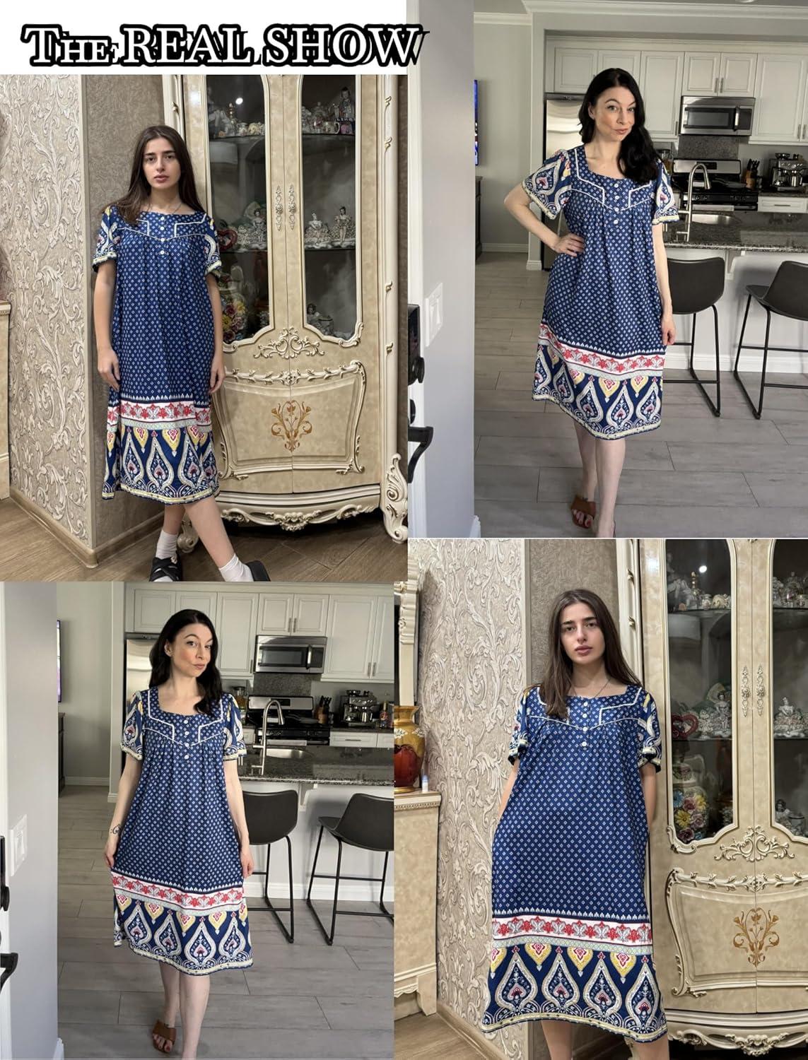 imageEkouaer Womens House Dress with Pockets Moomoo Dresses Short Sleeve Mumu Nightgown Lounge Dress Button Down SleepwearNavy Blue Boho