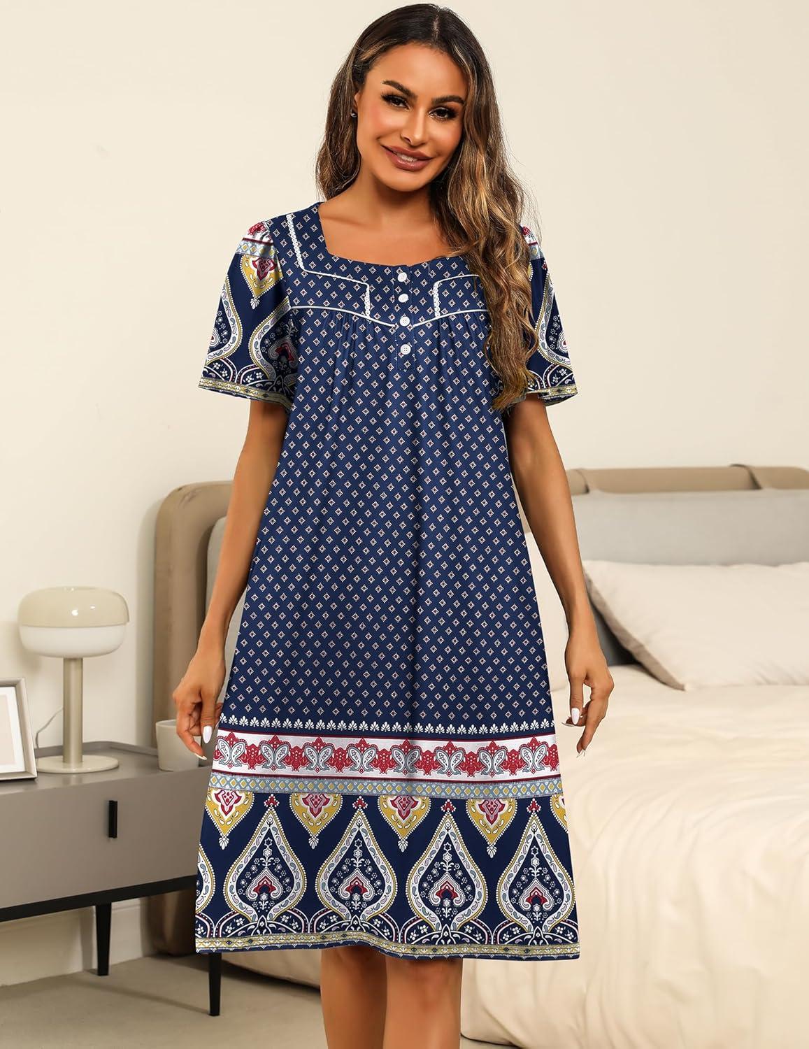 imageEkouaer Womens House Dress with Pockets Moomoo Dresses Short Sleeve Mumu Nightgown Lounge Dress Button Down SleepwearNavy Blue Boho