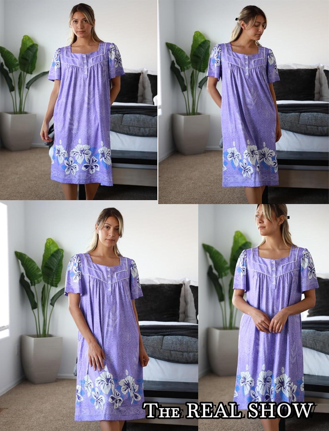 imageEkouaer Womens House Dress with Pockets Moomoo Dresses Short Sleeve Mumu Nightgown Lounge Dress Button Down SleepwearPurple With Flower