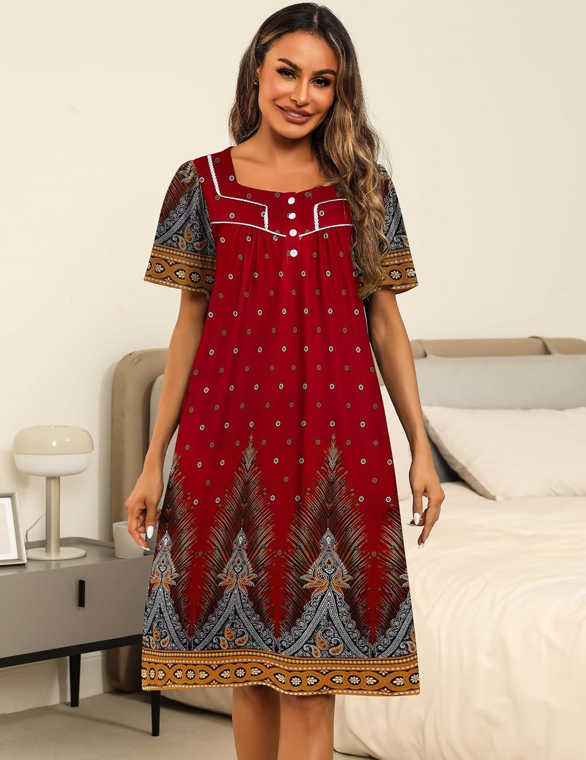 imageEkouaer Womens House Dress with Pockets Moomoo Dresses Short Sleeve Mumu Nightgown Lounge Dress Button Down SleepwearRed Feather