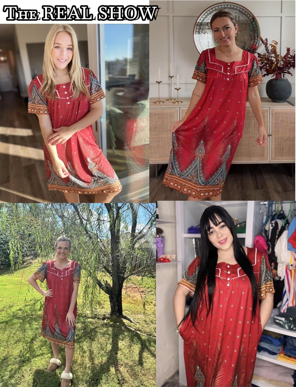 imageEkouaer Womens House Dress with Pockets Moomoo Dresses Short Sleeve Mumu Nightgown Lounge Dress Button Down SleepwearRed Feather