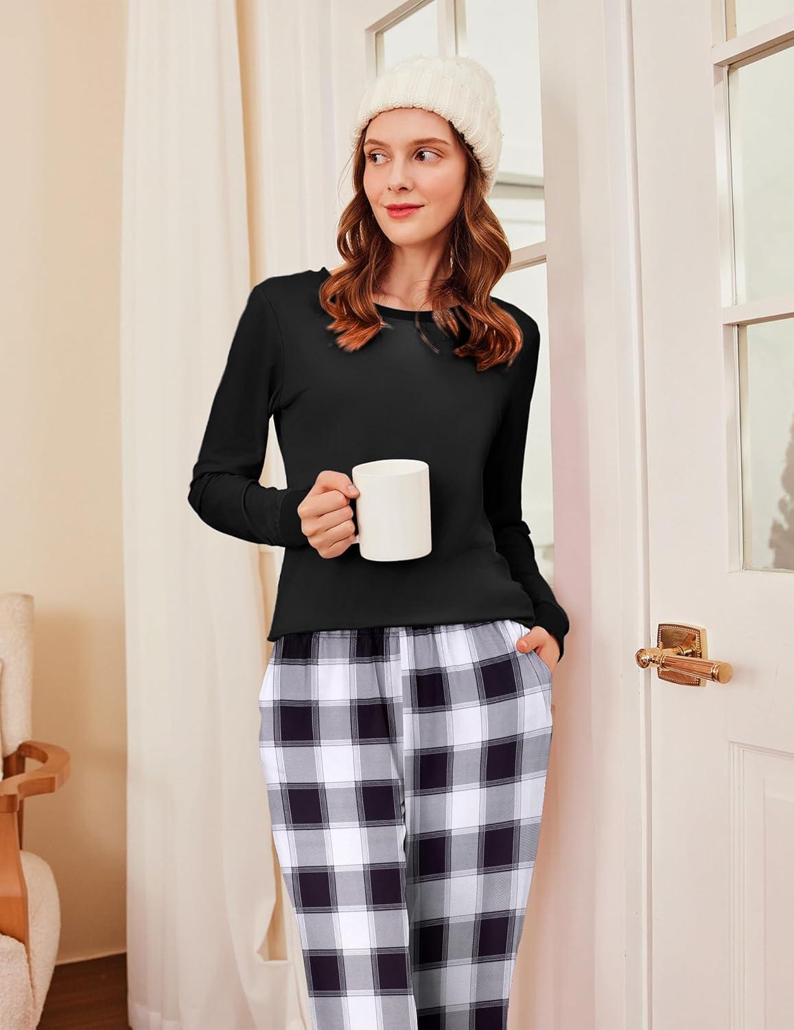 imageEkouaer Womens Pajamas Sets Long Sleeve Tops with Jogger Pants Soft Pjs Lounge Set Outfits with PocketsBlack Grey Plaid