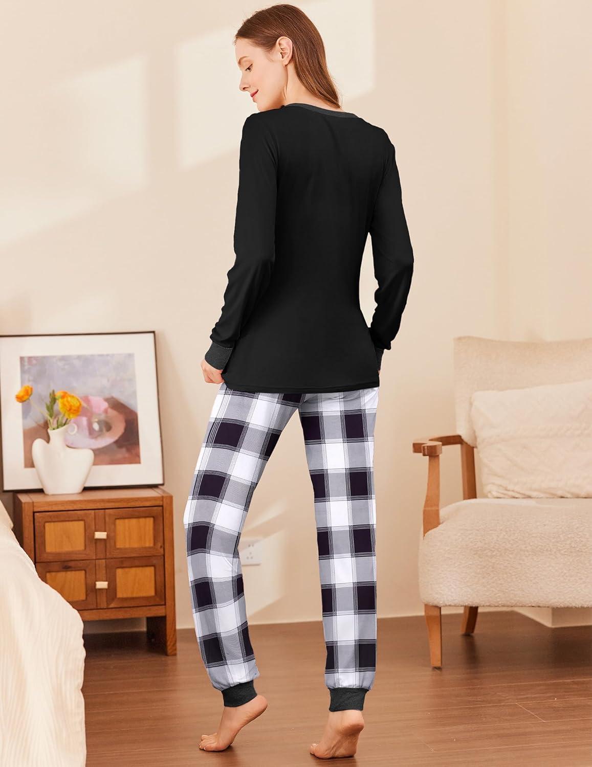 imageEkouaer Womens Pajamas Sets Long Sleeve Tops with Jogger Pants Soft Pjs Lounge Set Outfits with PocketsBlack Grey Plaid