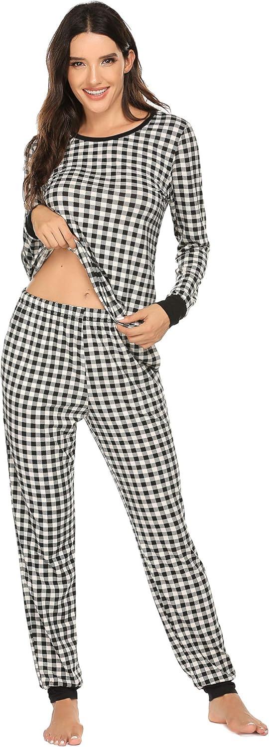 imageEkouaer Womens Pajamas Sets Long Sleeve Tops with Jogger Pants Soft Pjs Lounge Set Outfits with PocketsBlack Plaid
