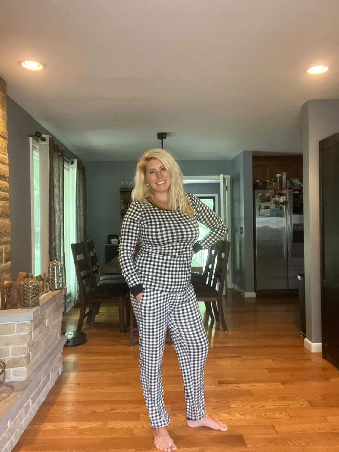 imageEkouaer Womens Pajamas Sets Long Sleeve Tops with Jogger Pants Soft Pjs Lounge Set Outfits with PocketsBlack Plaid