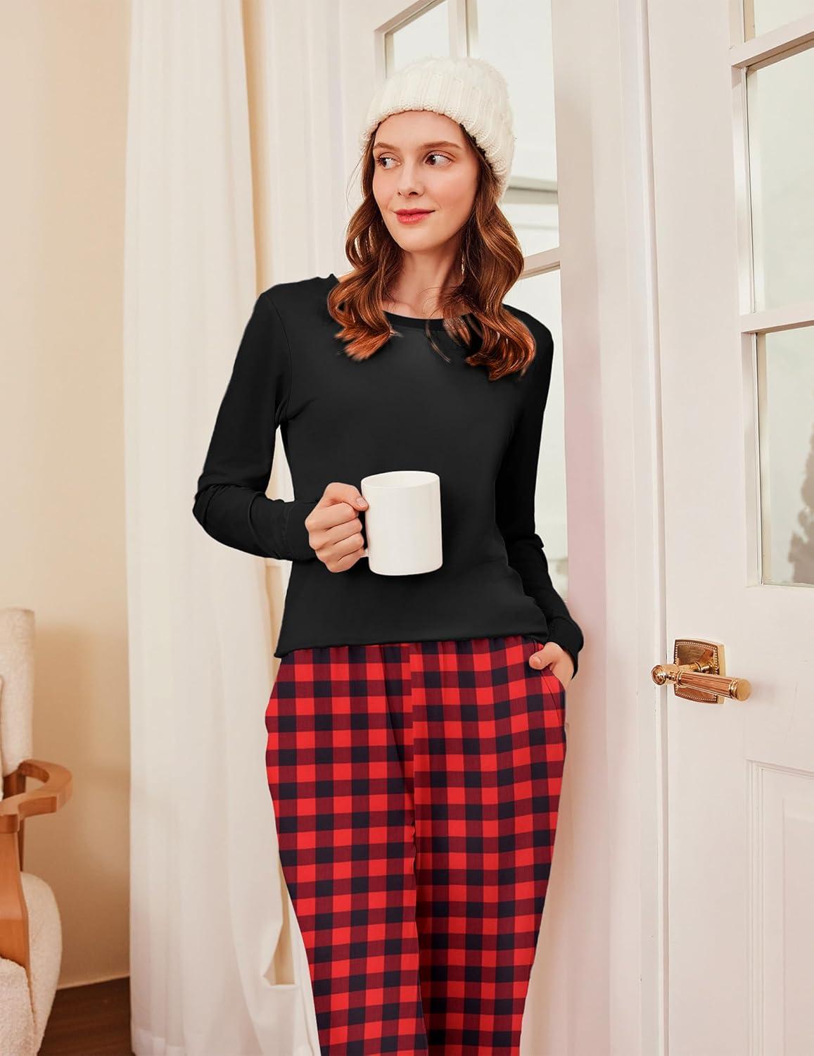 imageEkouaer Womens Pajamas Sets Long Sleeve Tops with Jogger Pants Soft Pjs Lounge Set Outfits with PocketsBlack Red Plaid2