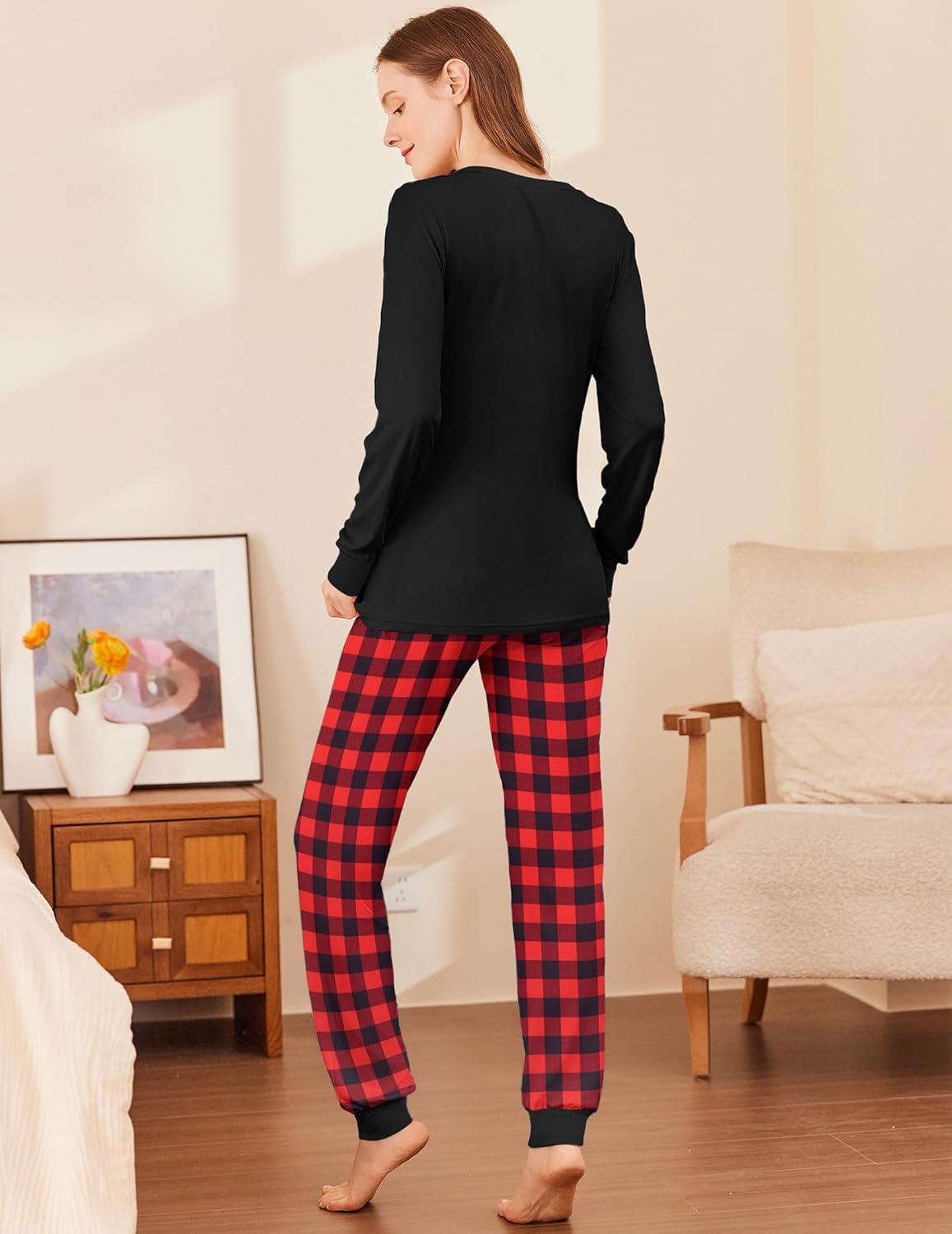 imageEkouaer Womens Pajamas Sets Long Sleeve Tops with Jogger Pants Soft Pjs Lounge Set Outfits with PocketsBlack Red Plaid2