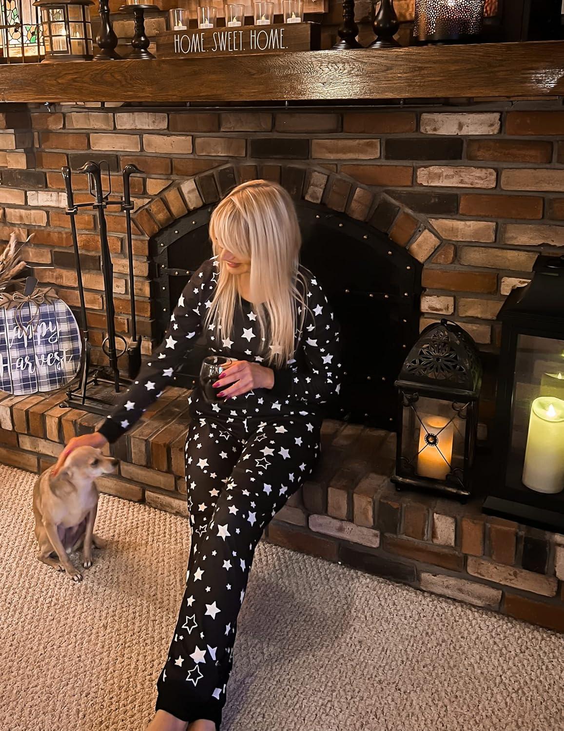 imageEkouaer Womens Pajamas Sets Long Sleeve Tops with Jogger Pants Soft Pjs Lounge Set Outfits with PocketsBlack Star