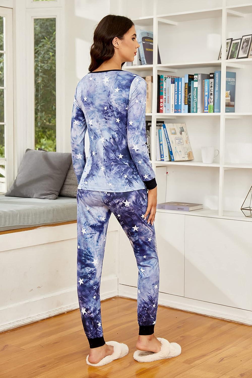 imageEkouaer Womens Pajamas Sets Long Sleeve Tops with Jogger Pants Soft Pjs Lounge Set Outfits with PocketsBlue Star