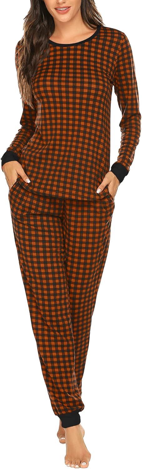 imageEkouaer Womens Pajamas Sets Long Sleeve Tops with Jogger Pants Soft Pjs Lounge Set Outfits with PocketsCaramel Plaid
