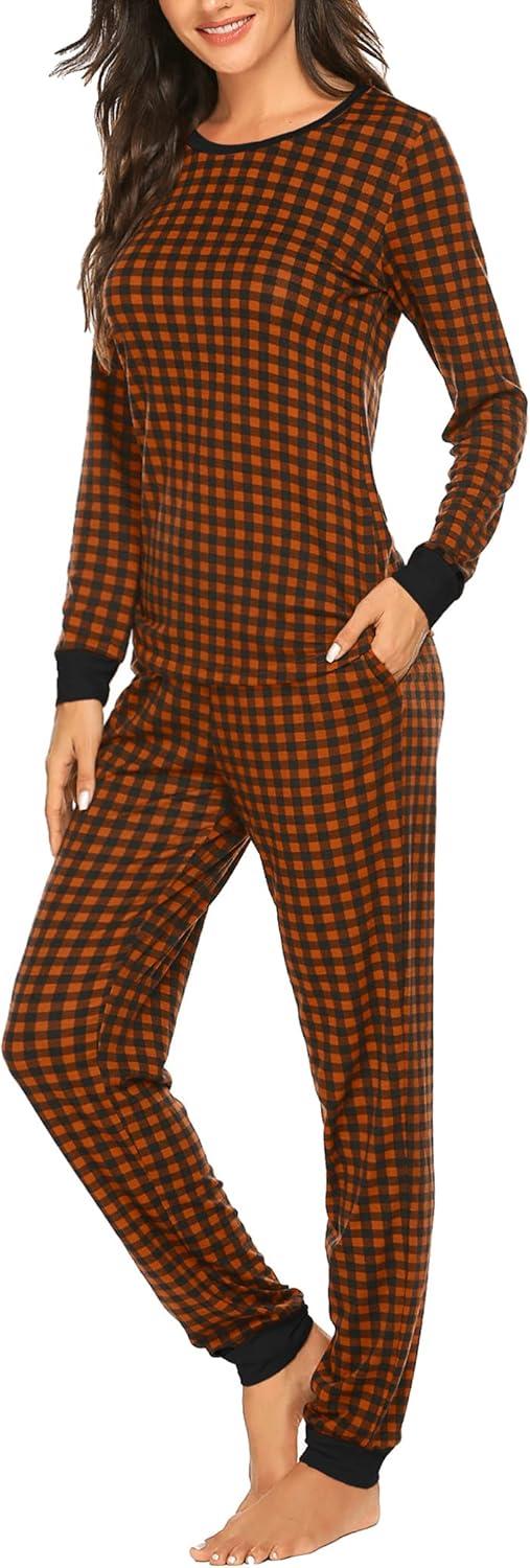 imageEkouaer Womens Pajamas Sets Long Sleeve Tops with Jogger Pants Soft Pjs Lounge Set Outfits with PocketsCaramel Plaid