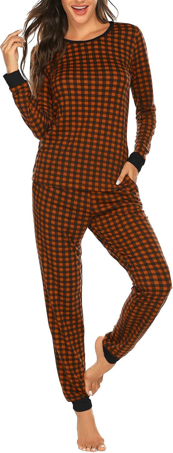 imageEkouaer Womens Pajamas Sets Long Sleeve Tops with Jogger Pants Soft Pjs Lounge Set Outfits with PocketsCaramel Plaid